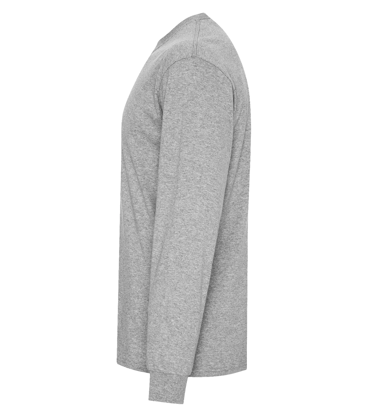 Side view of Athletic Heather long sleeve cotton blend tee.