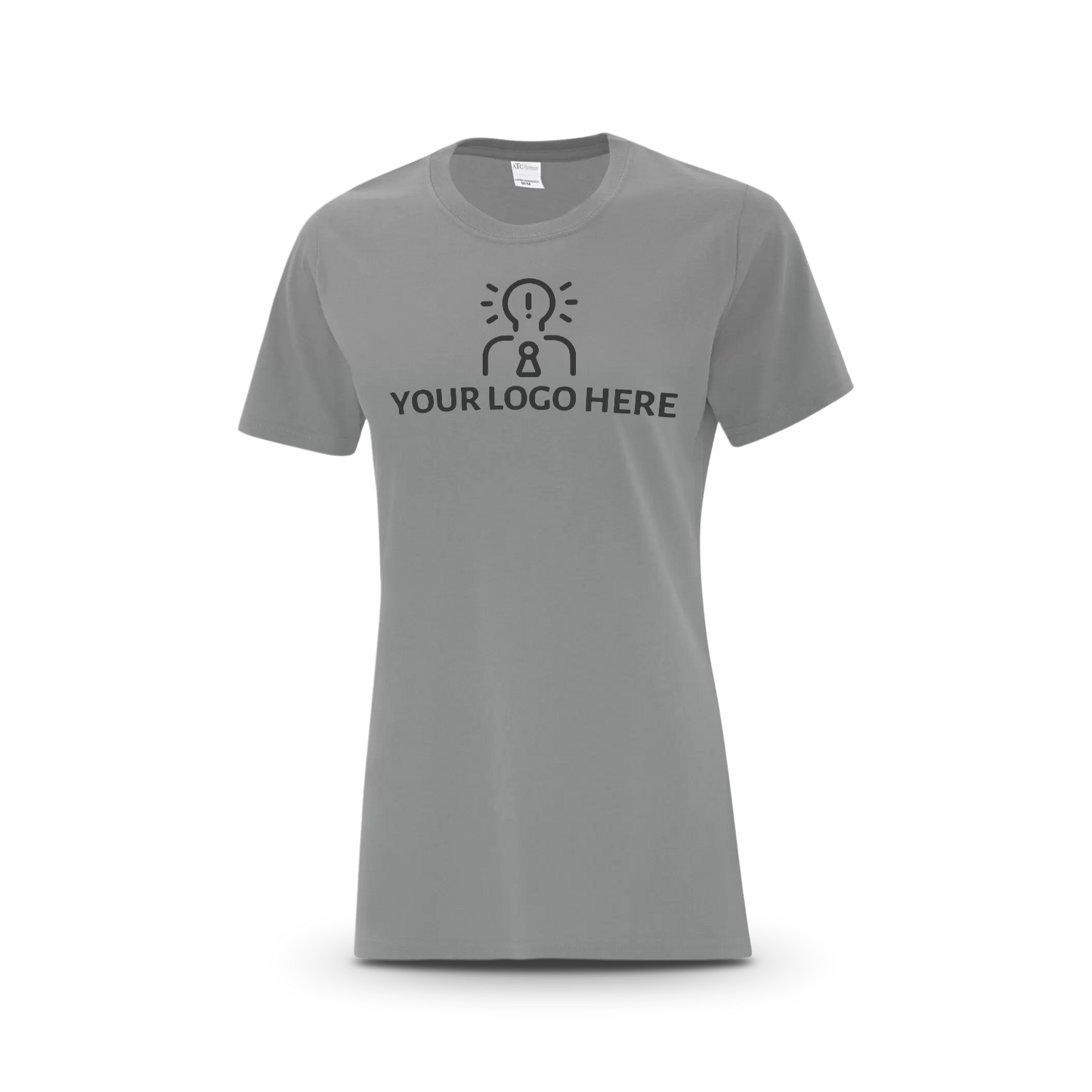 Medium grey women’s T-shirt featuring a magenta placeholder logo