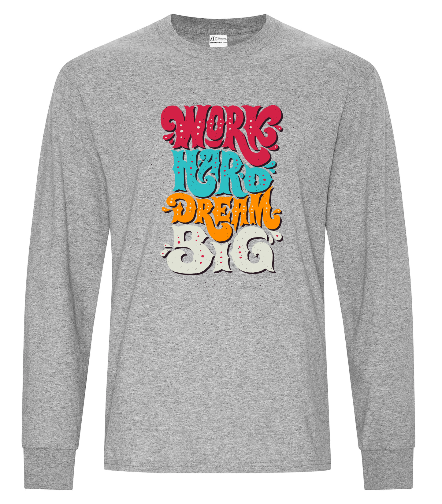 Athletic Heather long sleeve tee with colorful graphic and custom branding.