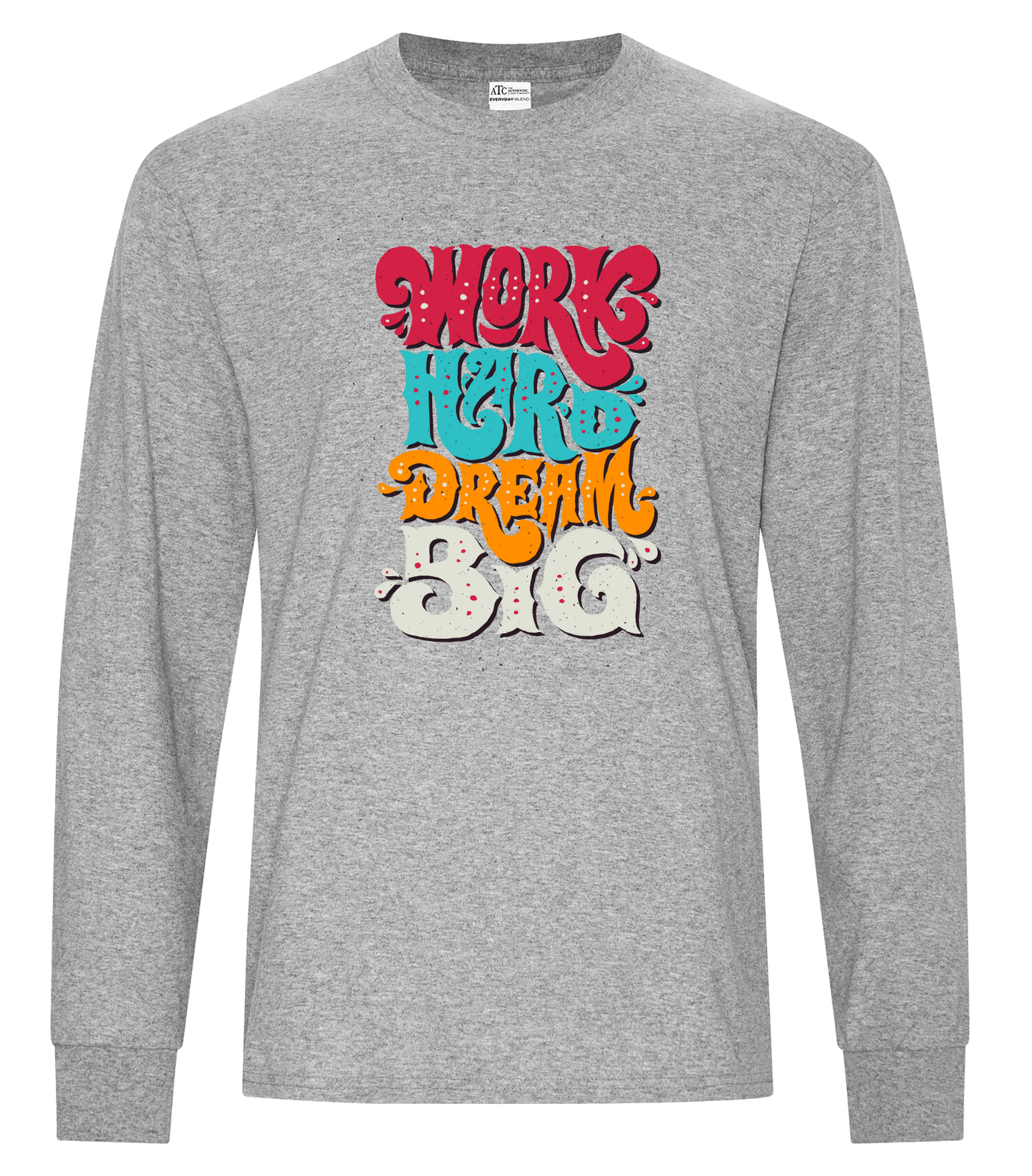 Athletic Heather long sleeve tee with colorful graphic and custom branding.