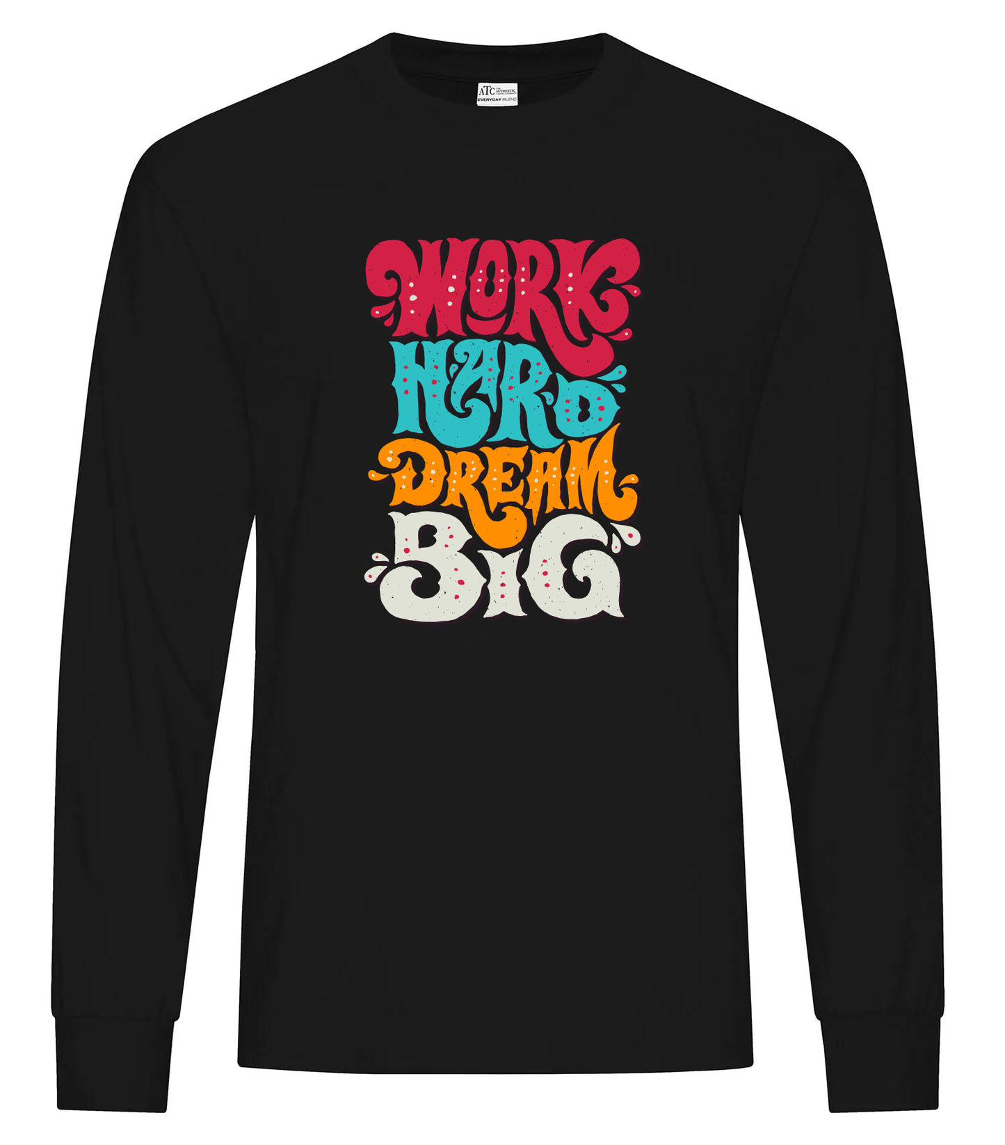 Black long sleeve tee with colorful graphic and custom branding.