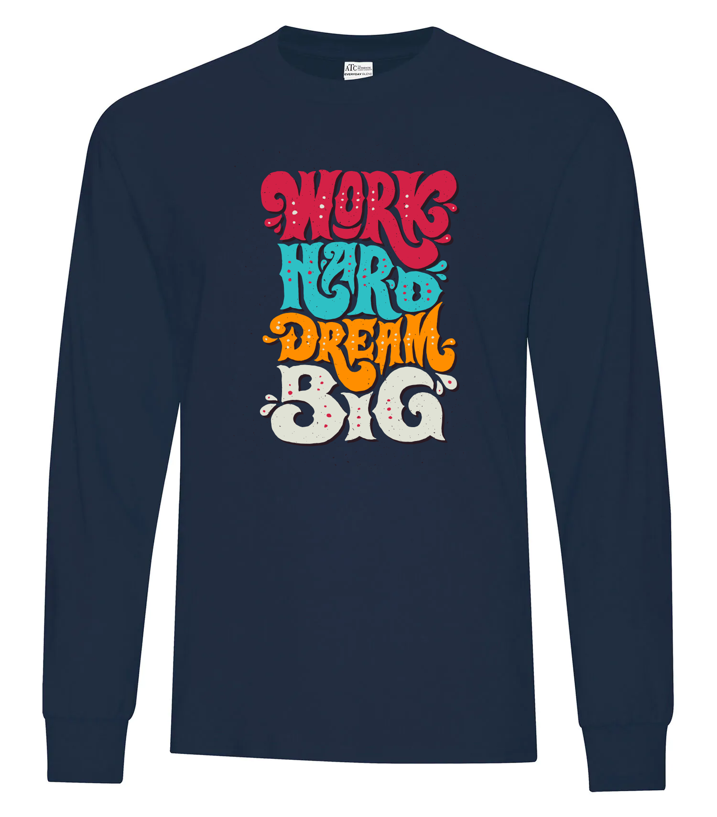 Navy long sleeve tee with colorful graphic and custom branding.