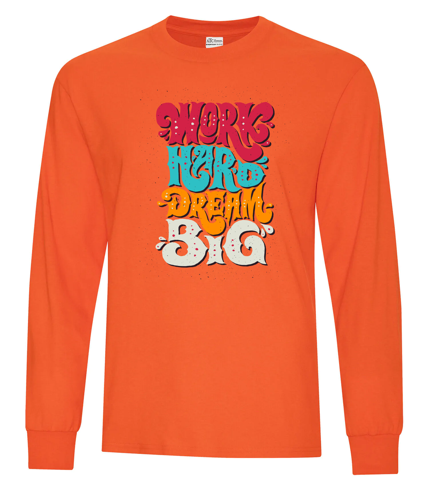 Orange long sleeve tee with colorful graphic and custom branding.