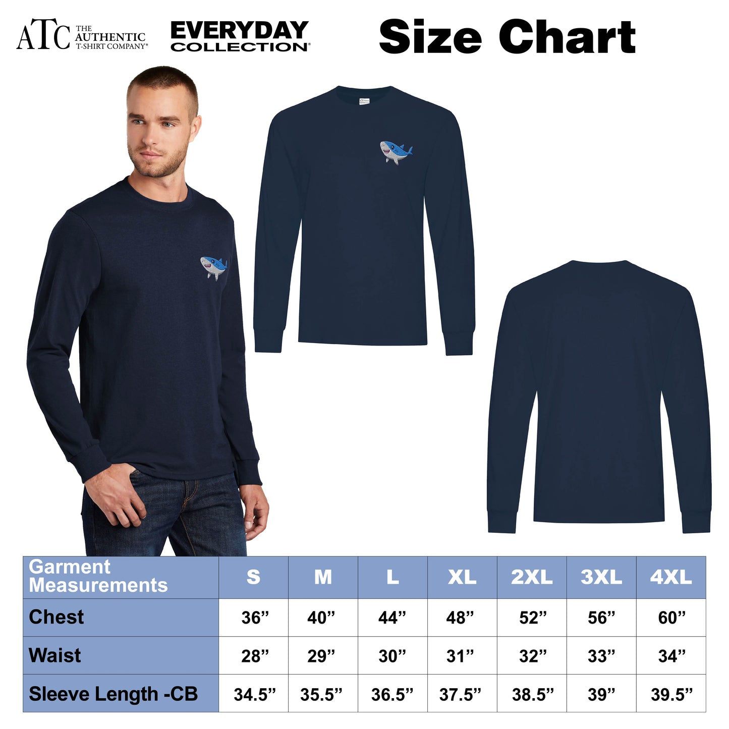 Size chart for ATC Everyday long sleeve tee in navy with model and garment views.