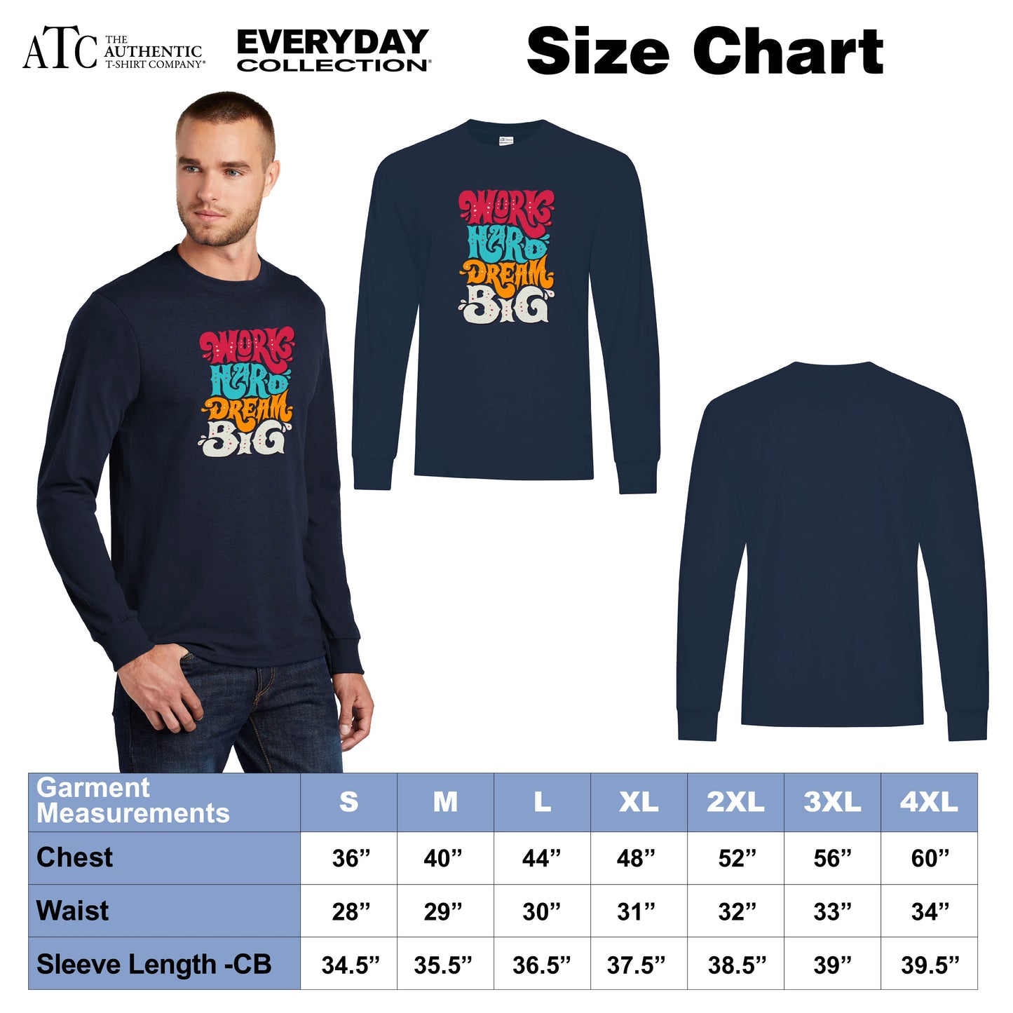 Navy long sleeve tee size chart with front, back, model view, and garment measurements from S to 4XL.