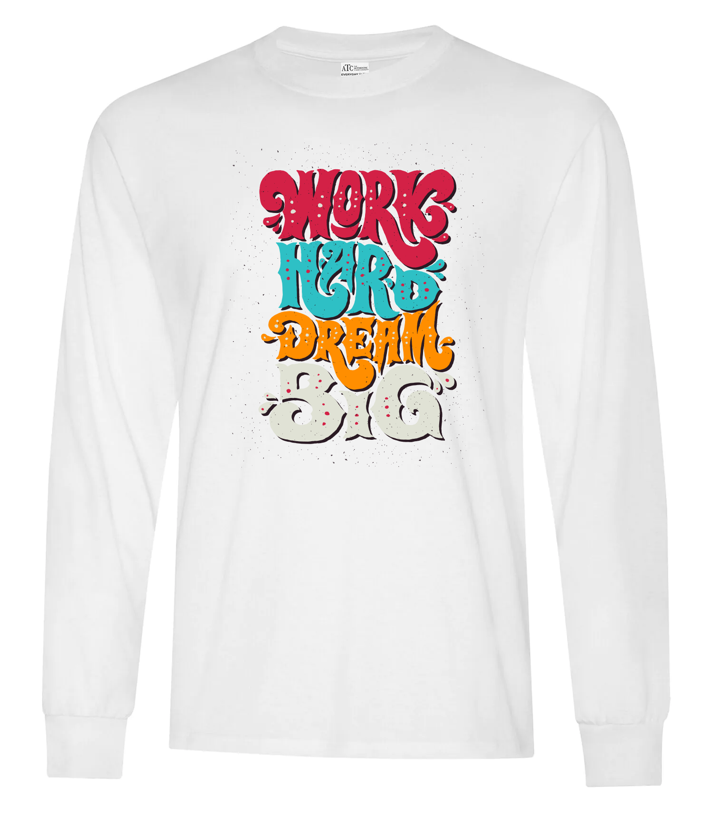 White long sleeve tee with colorful graphic and custom branding.
