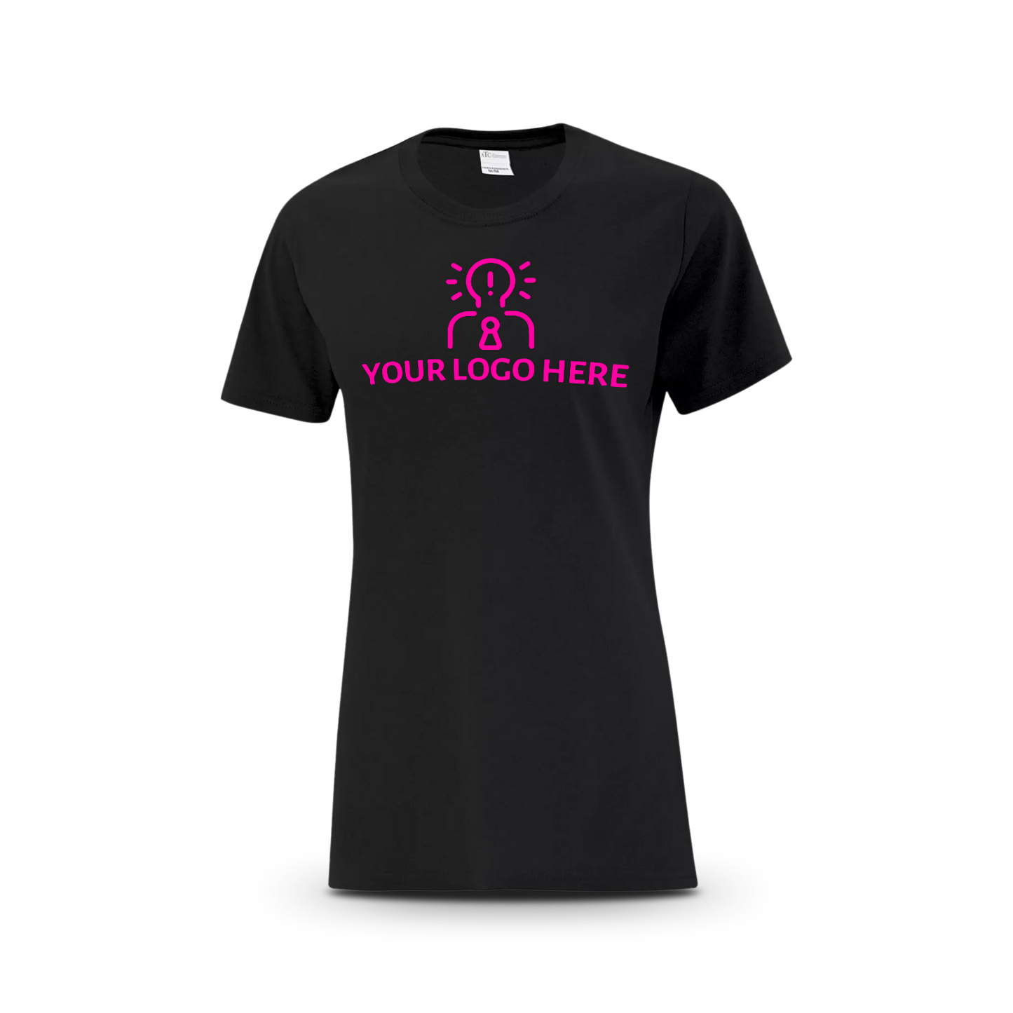Black women’s T-shirt featuring a magenta placeholder logo