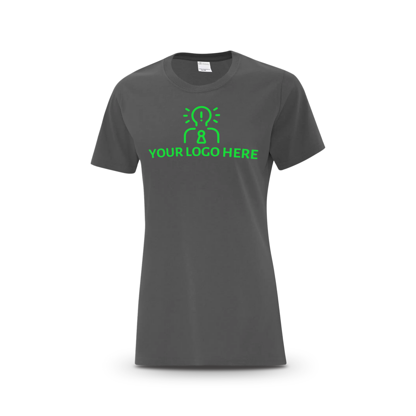 Charcoal women’s T-shirt featuring a magenta placeholder logo