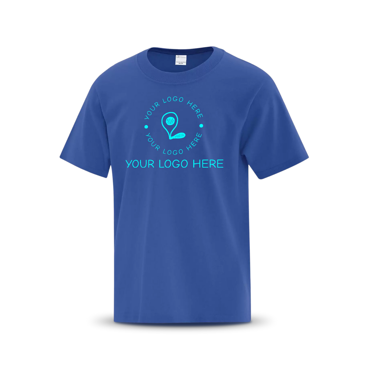Royal blue custom T-shirt with placeholder logo
