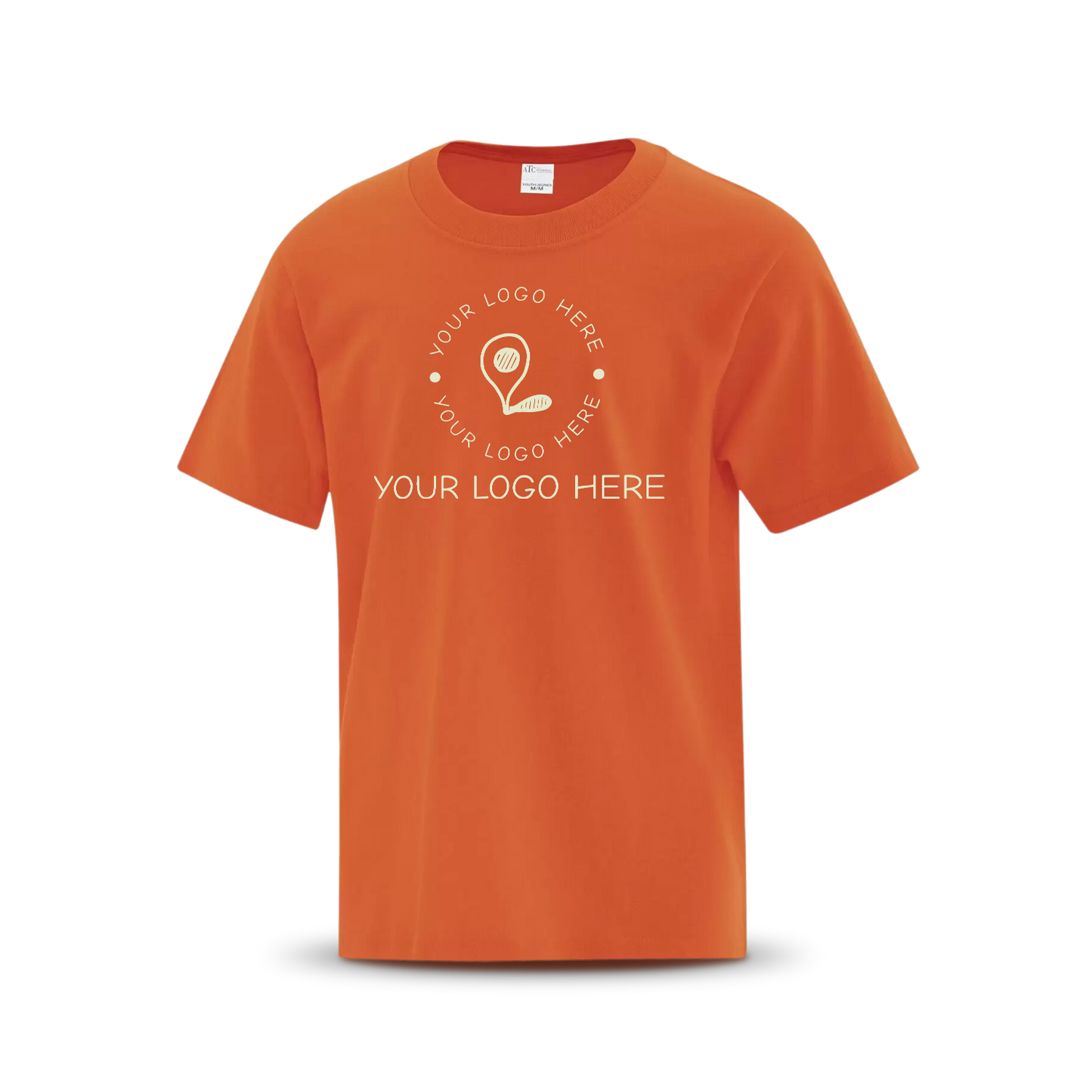 Orange custom T-shirt with placeholder logo and text in white.