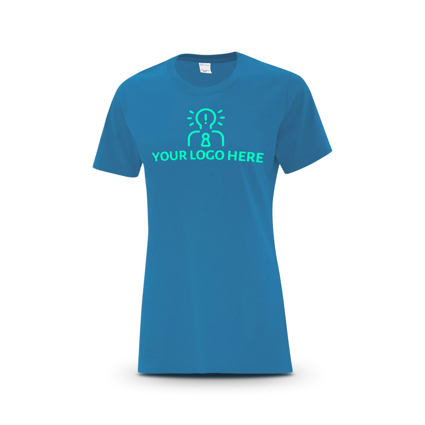 Sapphire women’s T-shirt featuring a magenta placeholder logo