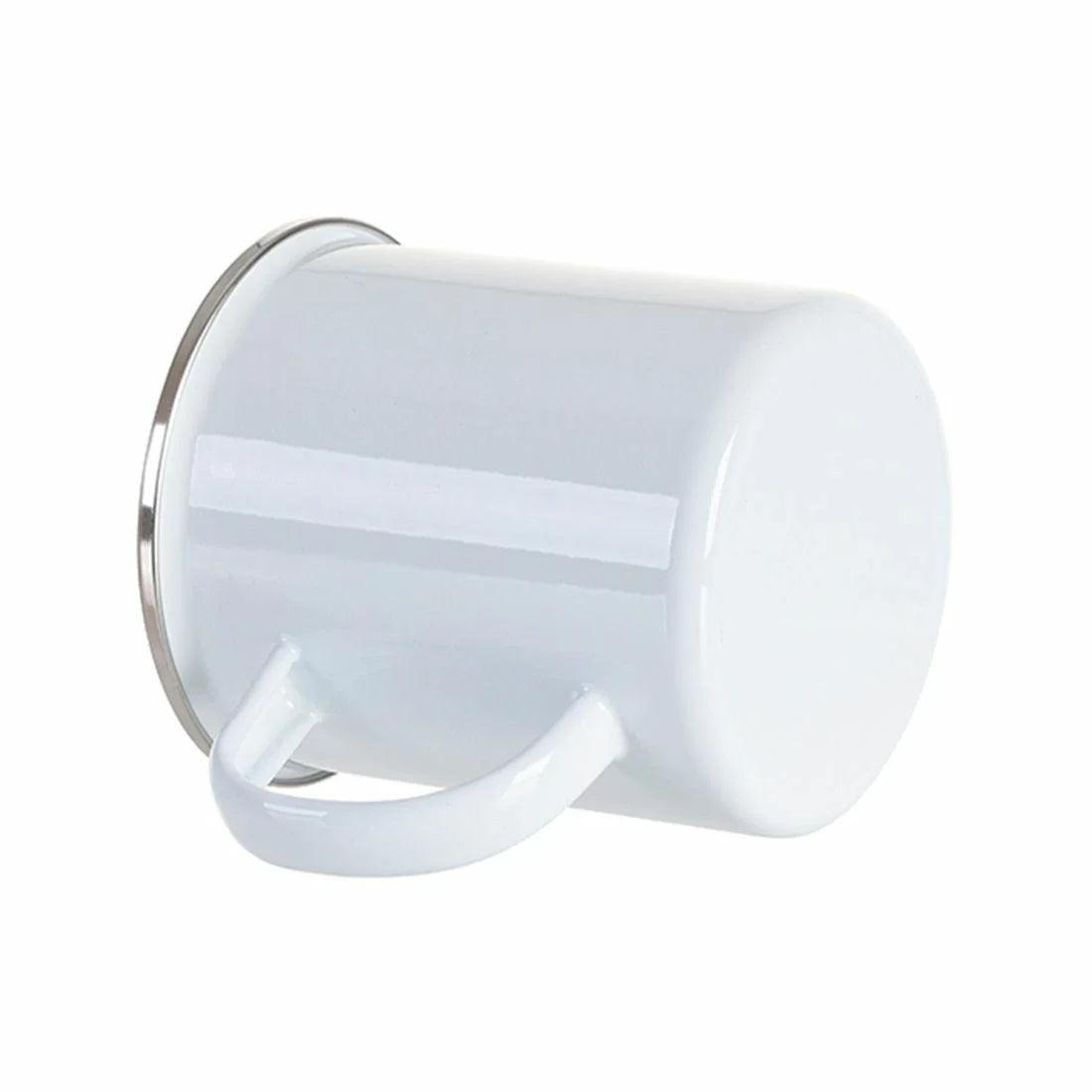 Plain white enamel mug with a silver rim, shown lying on its side with the handle visible.