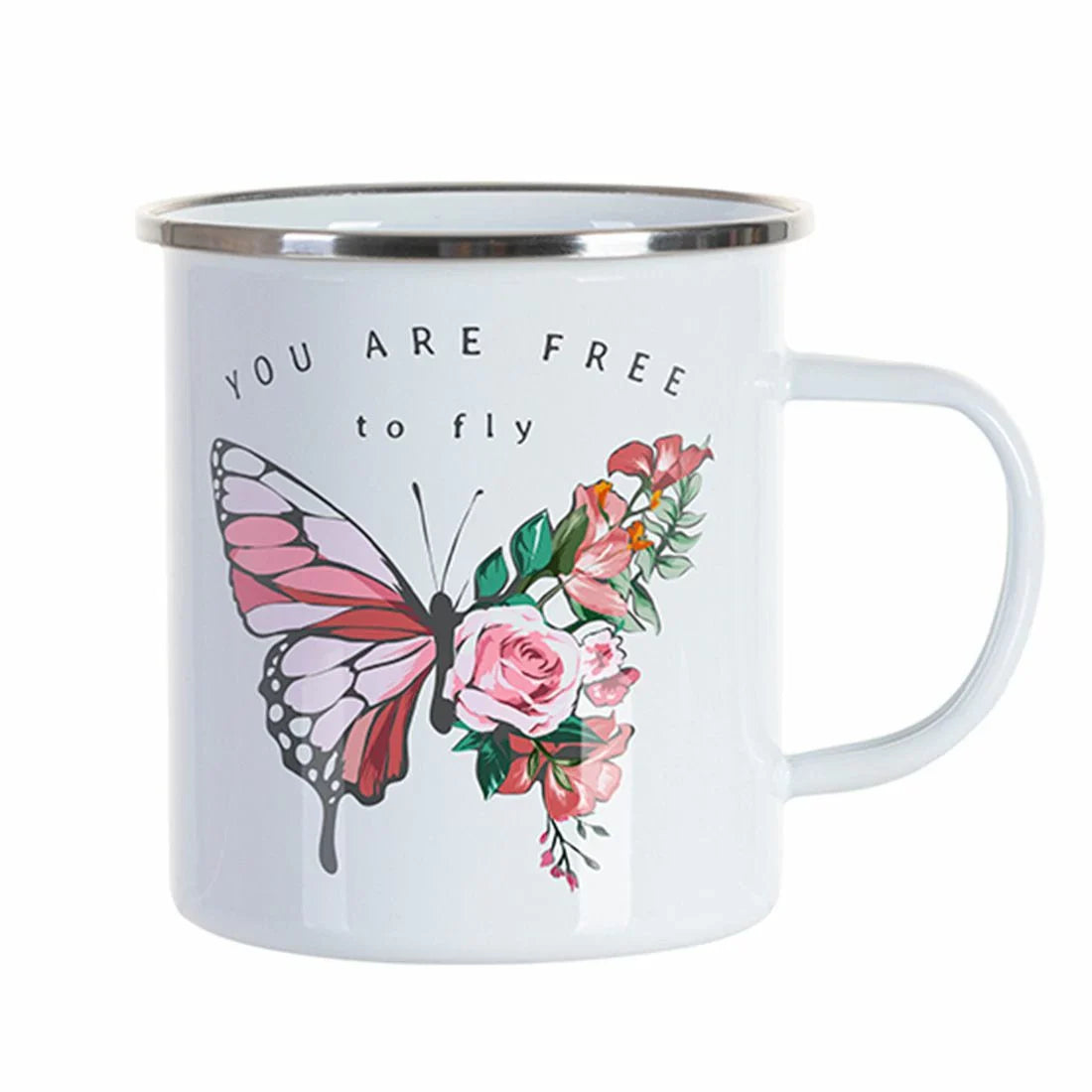 White enamel mug with a silver rim, featuring a pink butterfly and floral design with the text "YOU ARE FREE to fly" printed above.