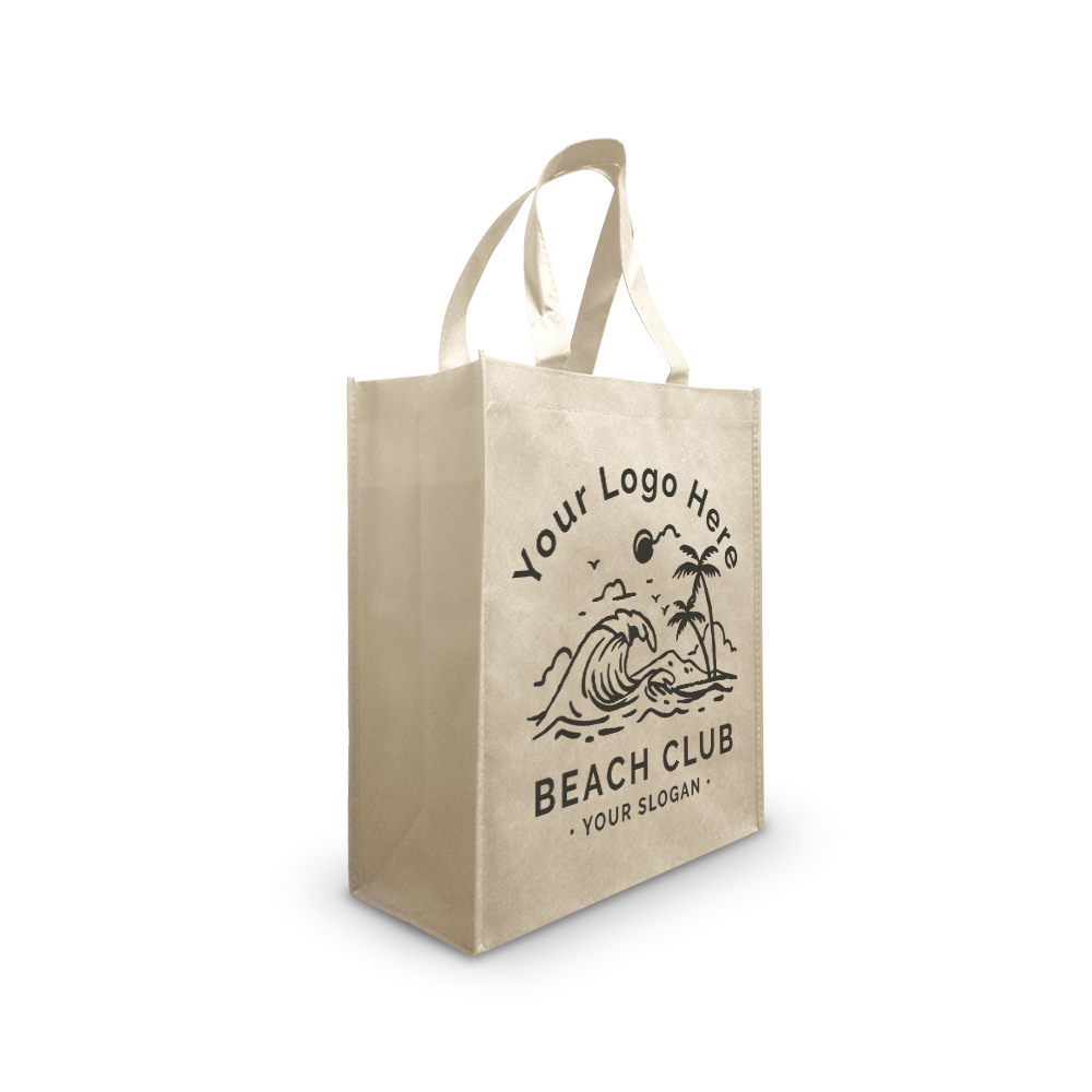 Beige reusable tote bag with beach-themed custom logo design.