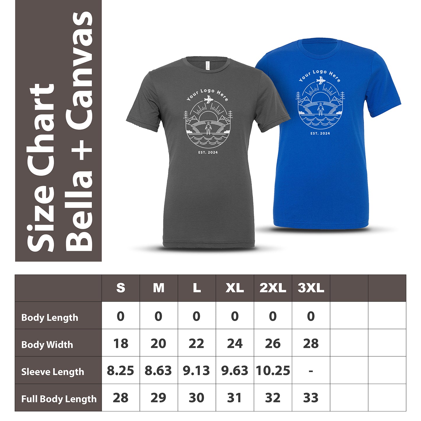 Bella + Canvas size chart featuring two T-shirts and a size table. Sizes range from S to 3XL with measurements for body width, sleeve length, and full body length. Body width ranges from 18 to 28 inches; full body length ranges from 28 to 33 inches; sleeve length varies from 8.25 to 10.25 inches.