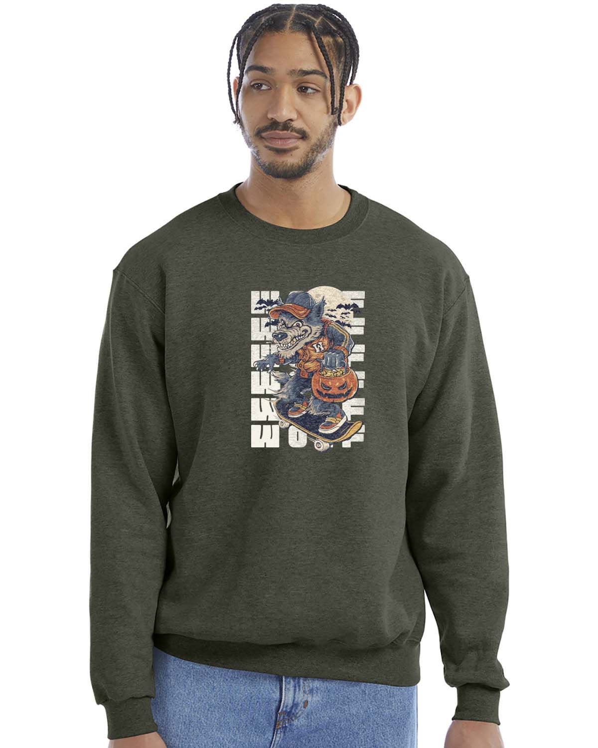 Dark green crewneck sweatshirt with a Halloween-themed graphic of a cartoon werewolf skateboarding with a pumpkin basket, worn by a model in beige pants.