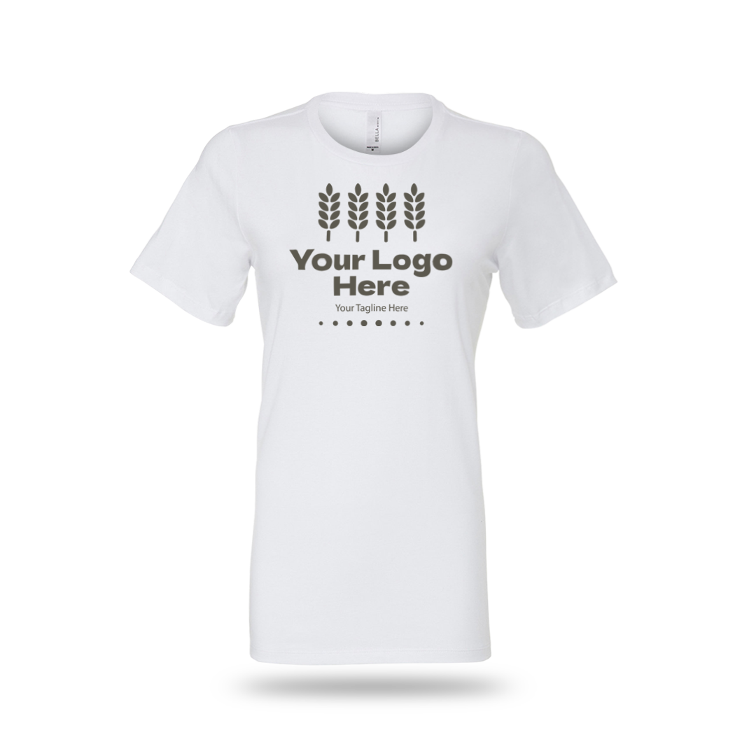 White Bella + Canvas BCB6400 ladies' jersey short-sleeve T-shirt with custom white logo and text.