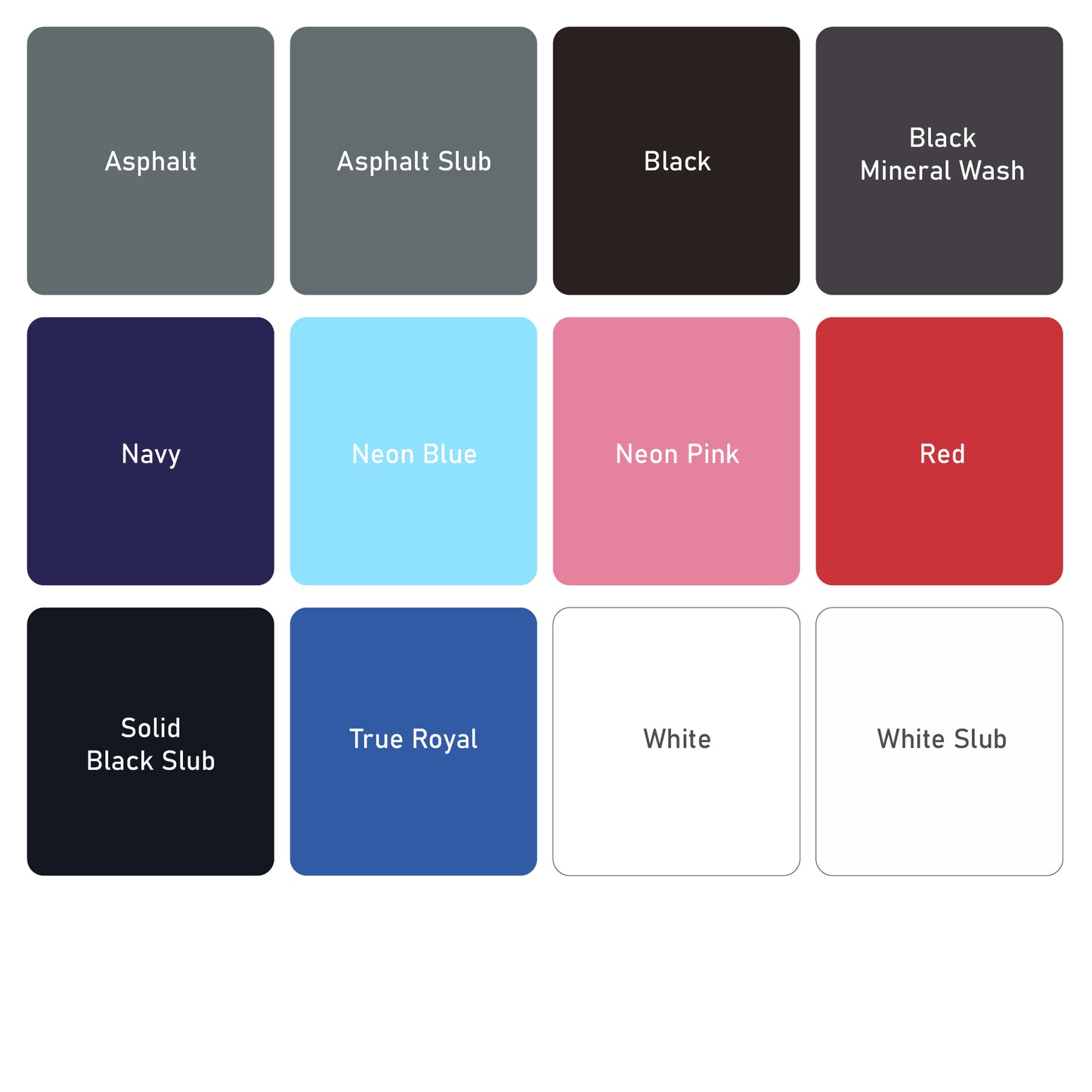 Color swatch chart displaying 13 T-shirt color options in a grid: Asphalt, Asphalt Slub, Black, Black Mineral Wash, Navy, Neon Blue, Neon Pink, Red, Solid Black Slub, True Royal, White, and White Slub.