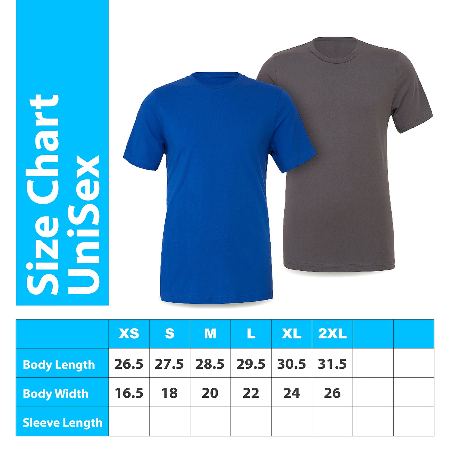 Unisex size chart for short-sleeve T-shirts, displayed with blue and grey shirt samples. Chart includes body length and width for sizes XS to 2XL