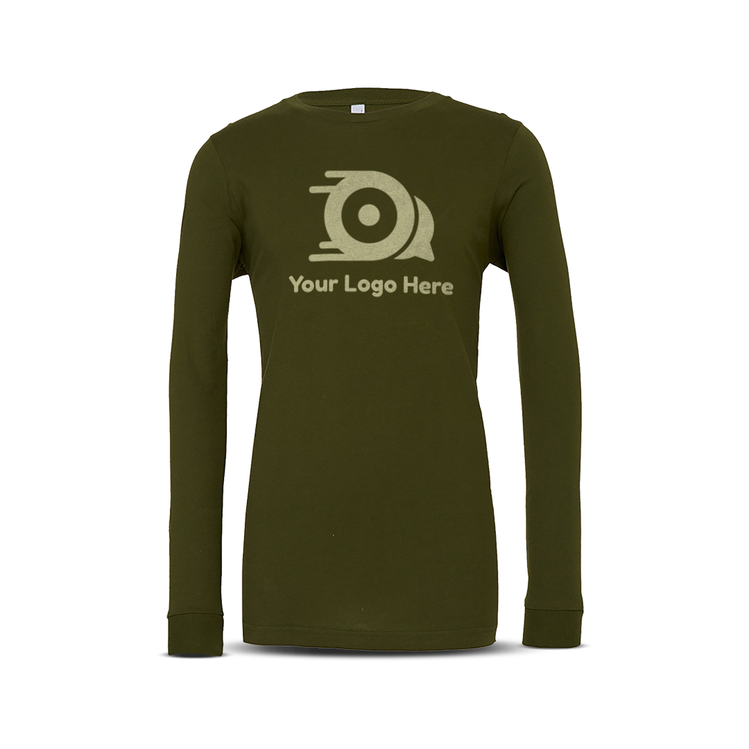Olive long-sleeve unisex T-shirt with custom logo on the front.