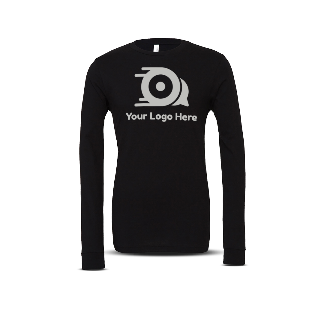 Black long-sleeve unisex T-shirt with custom logo on the front.