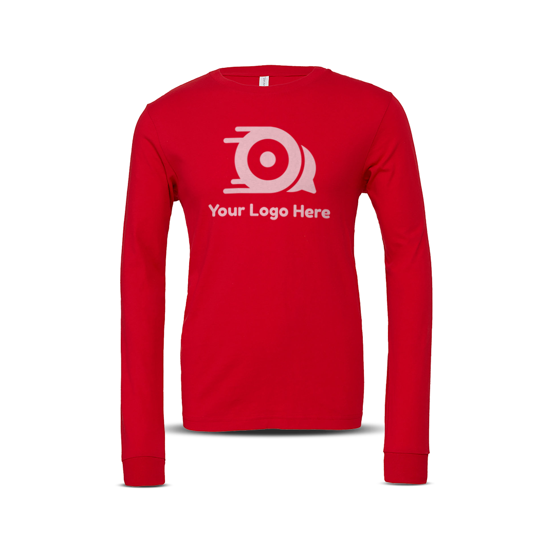 Red long-sleeve unisex T-shirt with custom logo on the front.