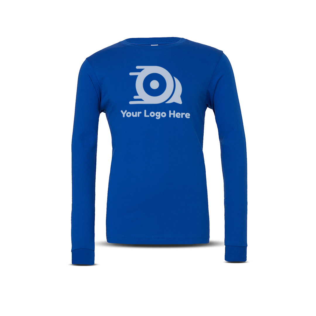 Royal blue long-sleeve unisex T-shirt with custom white logo on the front.