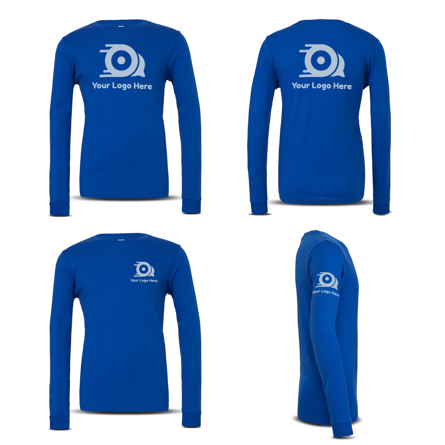 Royal blue long-sleeve T-shirt shown from front, back, side, and angled views with white custom logo prints.