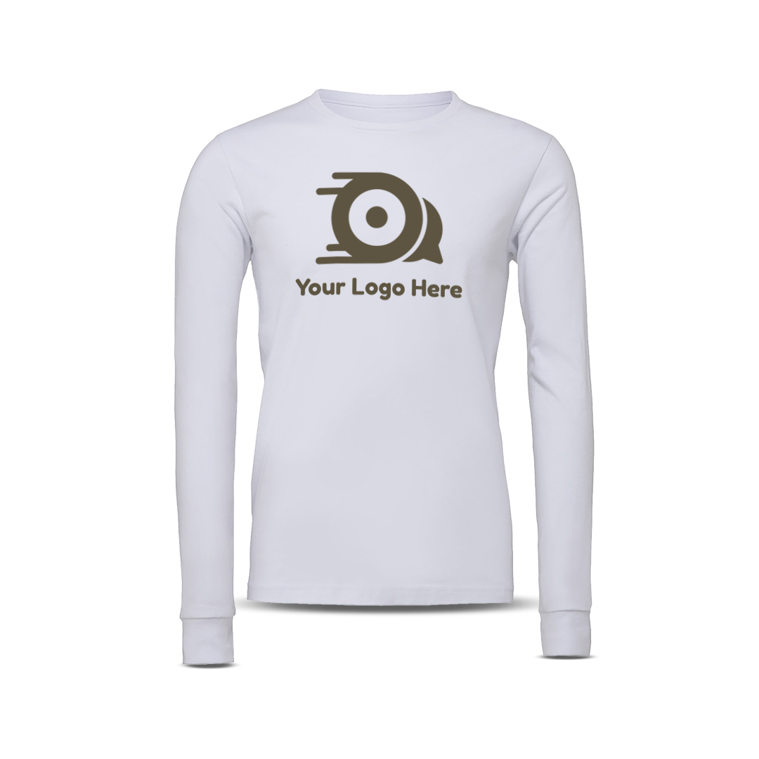 White long-sleeve unisex T-shirt with custom logo on the front.