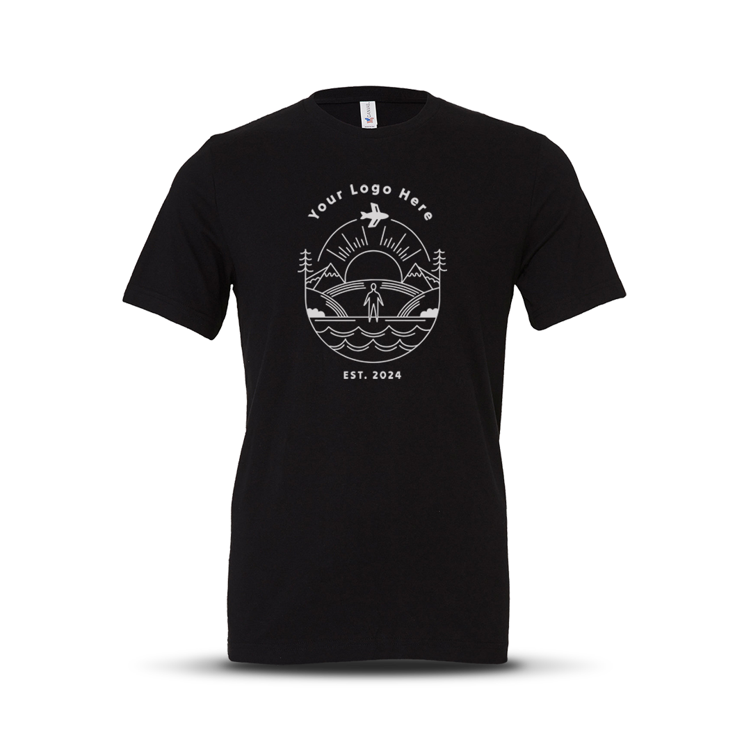 Black short-sleeve crewneck t-shirt with custom white outdoor-themed logo design centered on the chest.