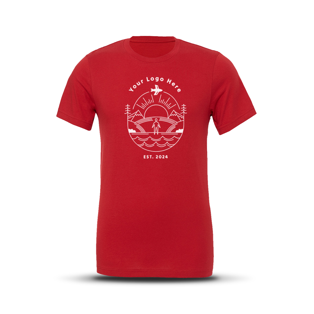 Red short-sleeve crewneck t-shirt with custom white outdoor-themed logo design centered on the chest.