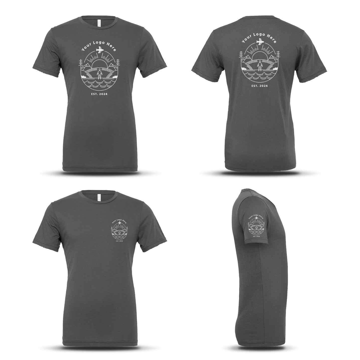 Dark grey short-sleeve unisex t-shirt featuring a white circular nature-themed logo with “EST. 2024” text, displayed on the front, back, chest, and sleeve.