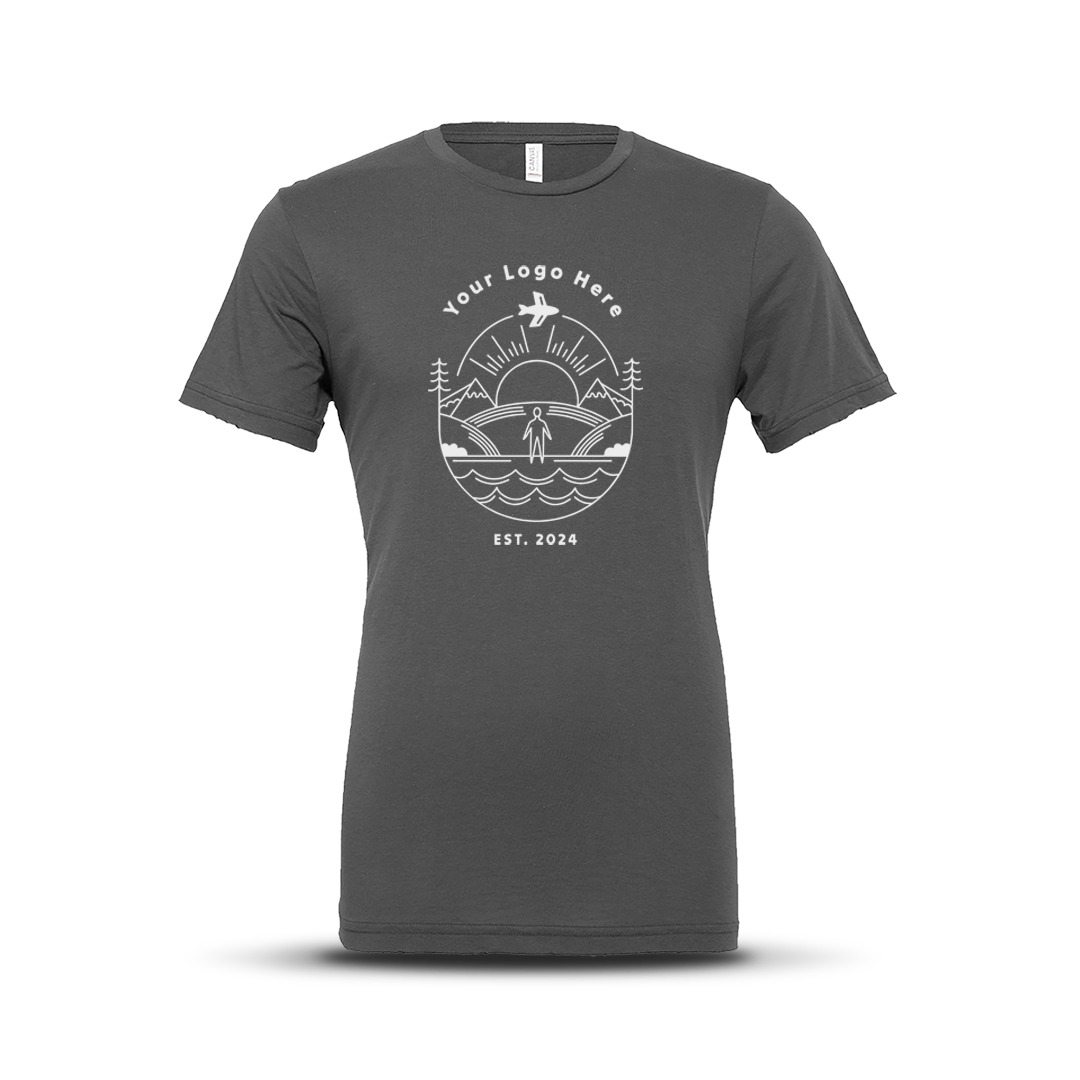 Charcoal short-sleeve crewneck t-shirt with custom white outdoor-themed logo design centered on the chest.