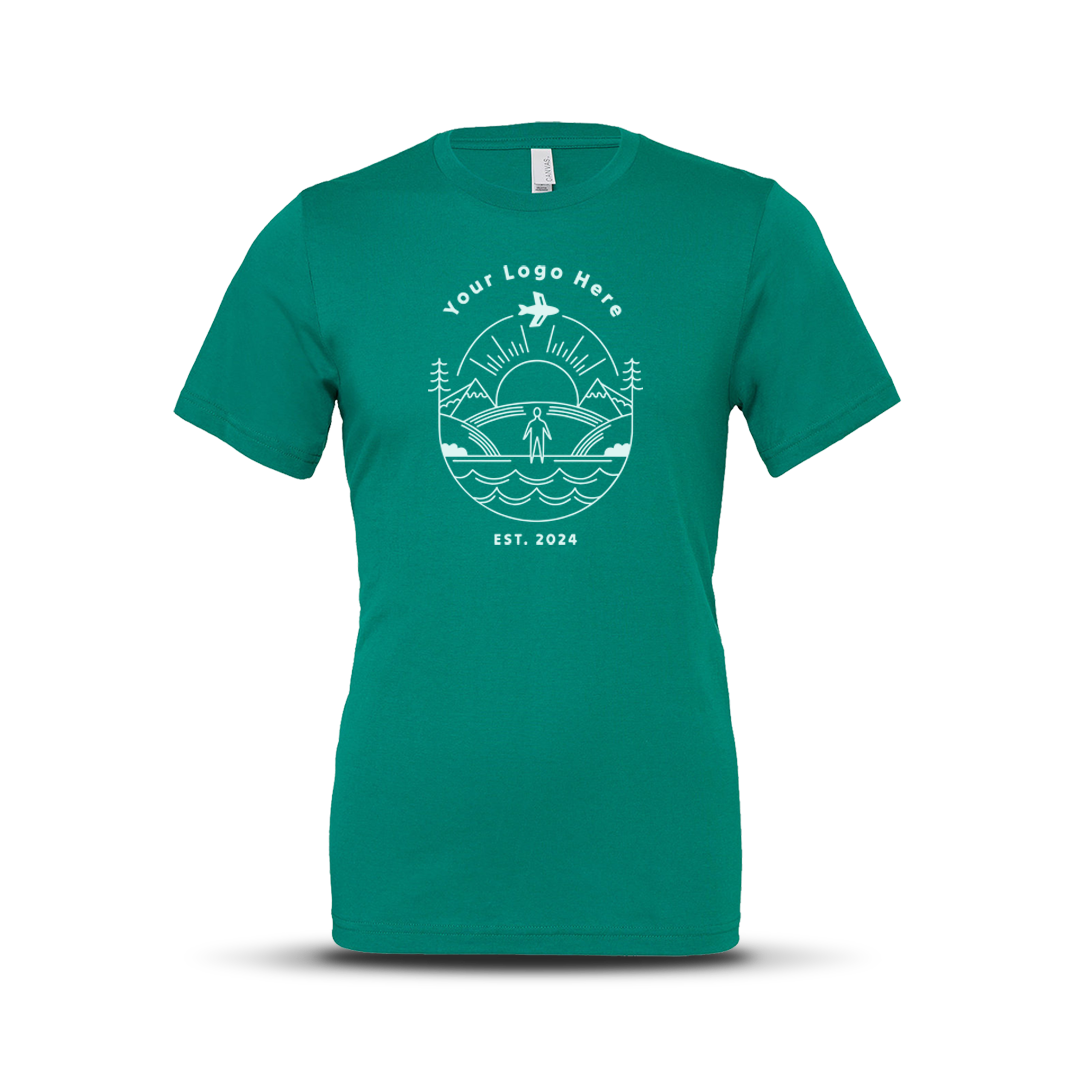 kelly green short-sleeve fitted crewneck t-shirt with a white nature-inspired custom logo design and “EST. 2024” text on the front.