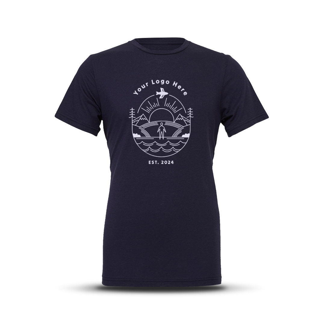 Navy short-sleeve crewneck t-shirt with custom white outdoor-themed logo design centered on the chest.