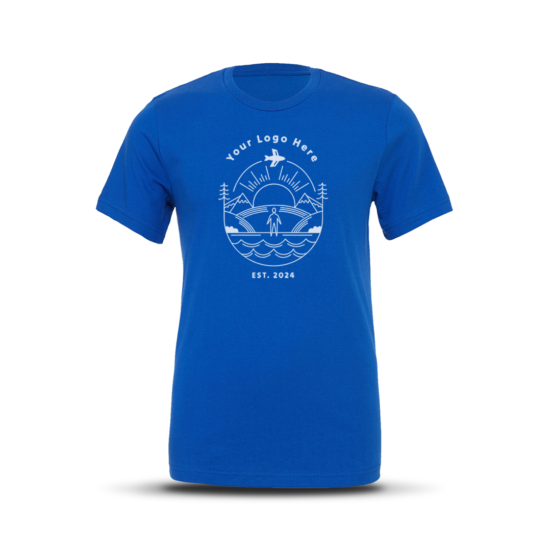 Royal blue short-sleeve crewneck t-shirt with custom white outdoor-themed logo design centered on the chest.