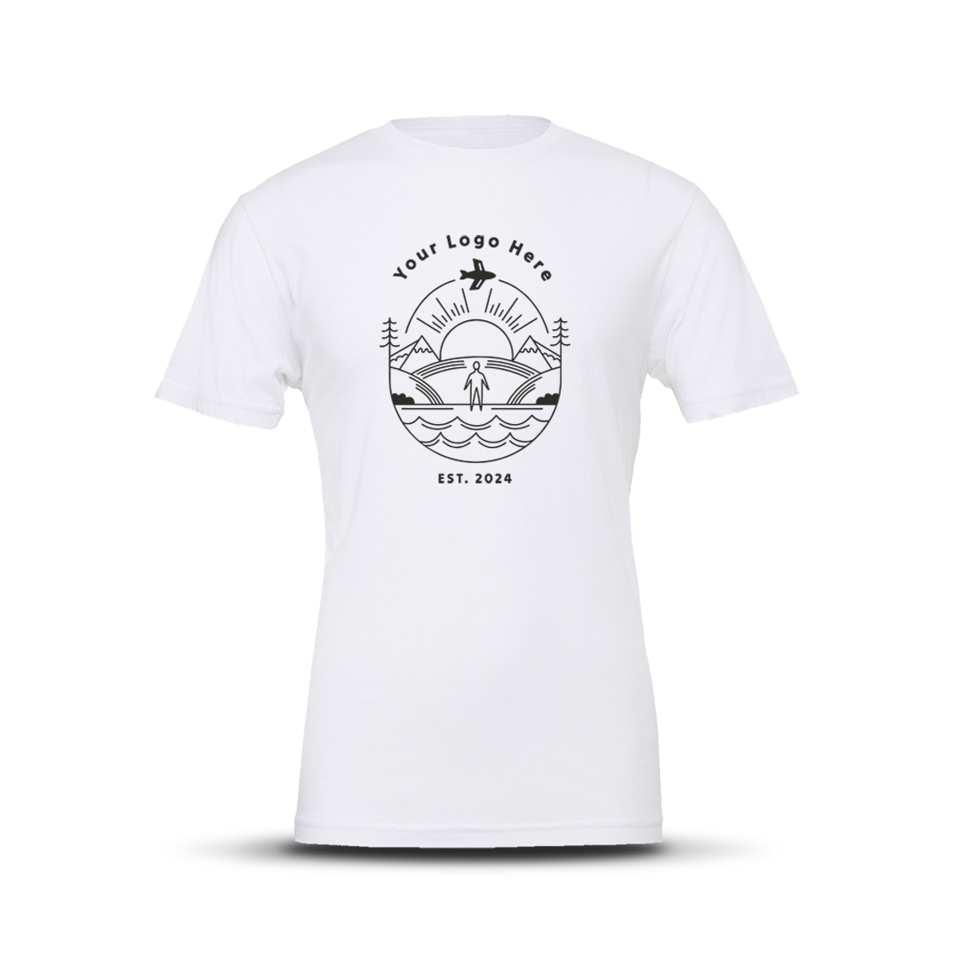 White short-sleeve crewneck t-shirt with custom white outdoor-themed logo design centered on the chest.