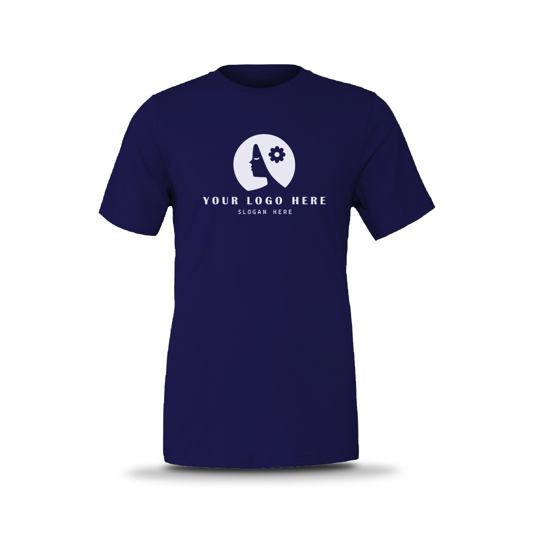 Navy blue unisex short-sleeve T-shirt with white custom logo on front.
