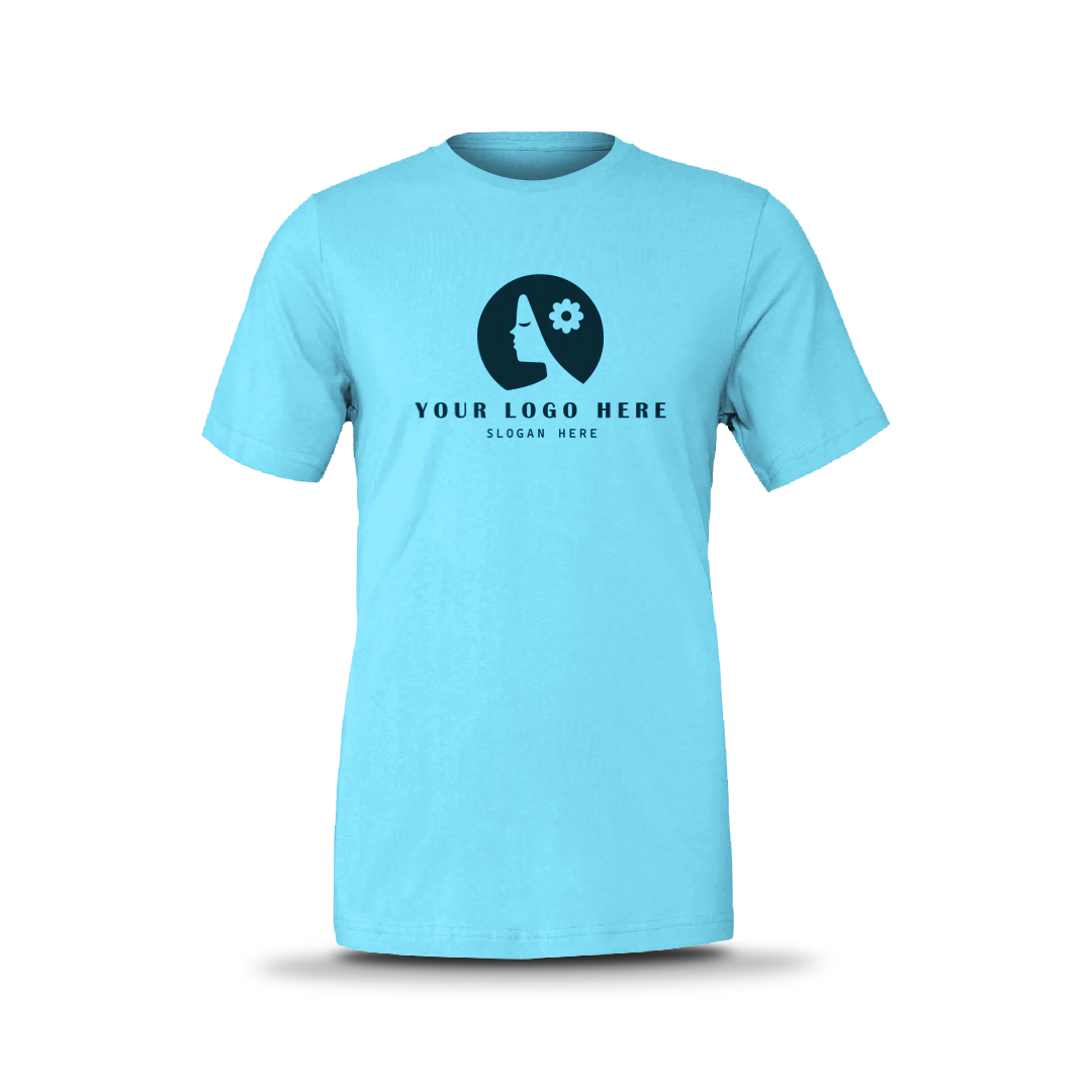 Neon blue unisex short-sleeve T-shirt with custom logo on front.