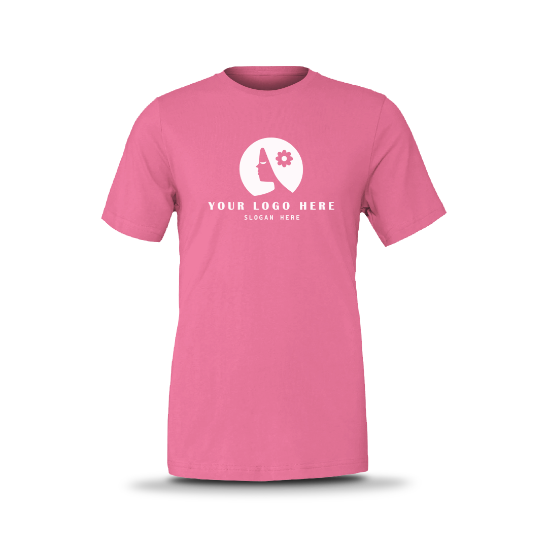 Neon pink unisex short-sleeve T-shirt with white custom logo on front.