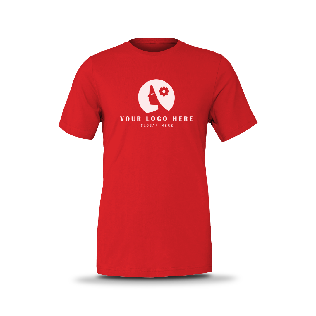 Red unisex short-sleeve T-shirt with white custom logo on front.