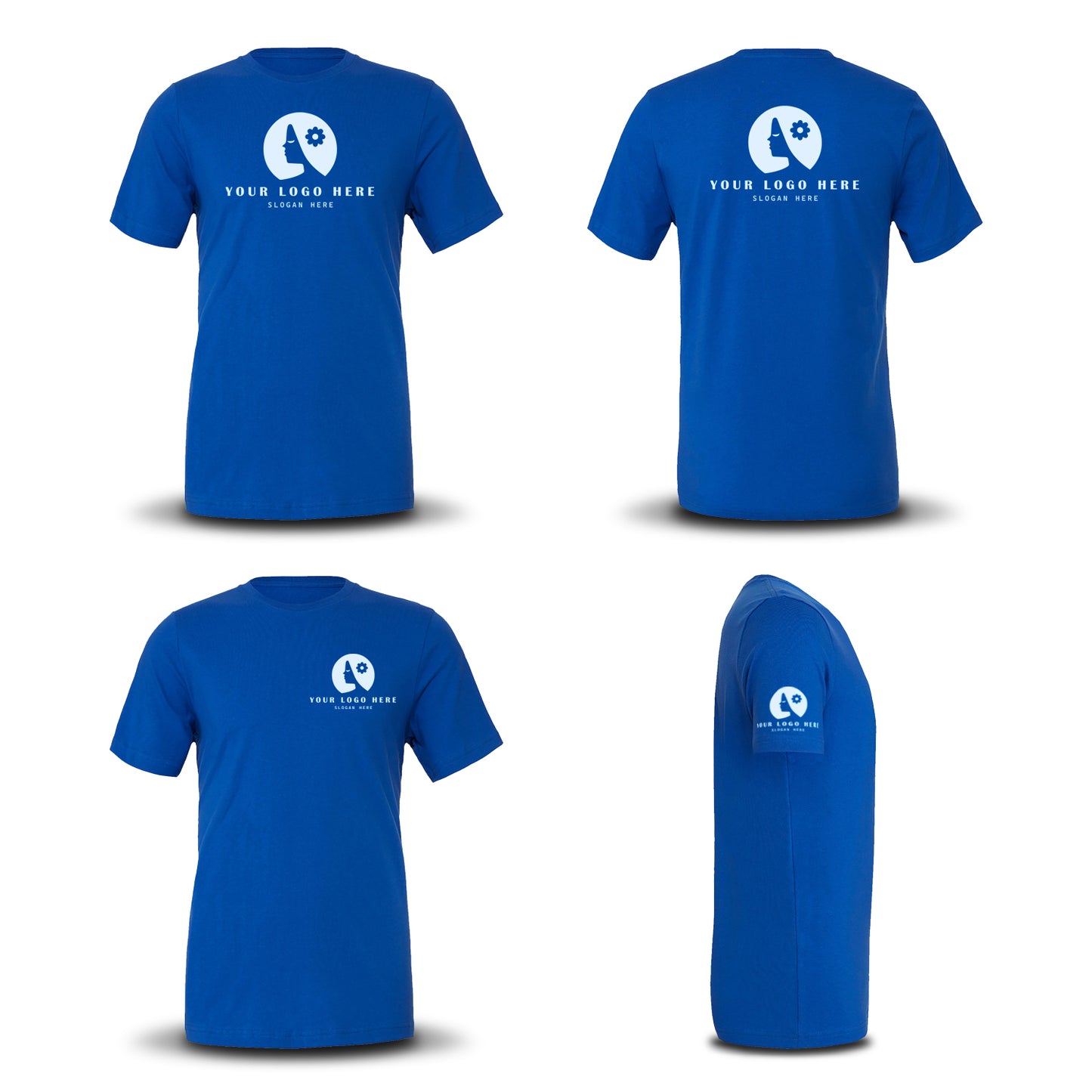 Royal blue unisex short-sleeve T-shirt shown in front, back, side, and angled views, featuring white custom logo design.