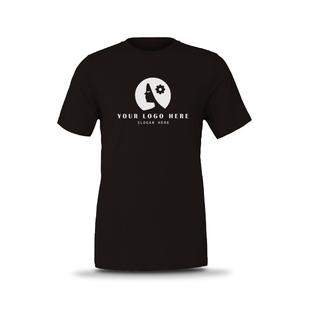 Black unisex short-sleeve T-shirt with white custom logo on front.
