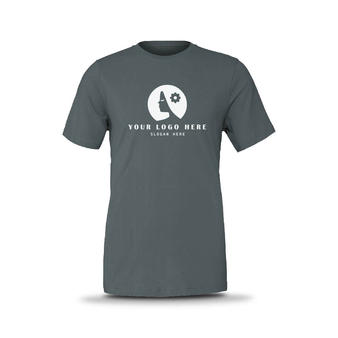 Asphalt unisex short-sleeve T-shirt with custom logo on front.