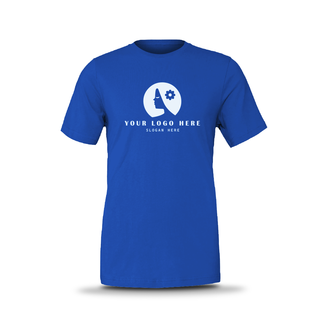 Royal blue unisex short-sleeve T-shirt with white custom logo on front.