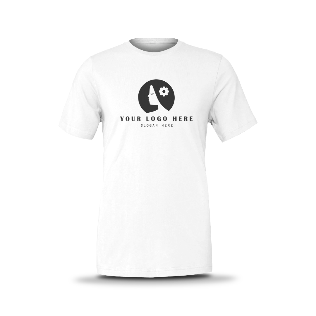 White unisex short-sleeve T-shirt with custom logo on front.