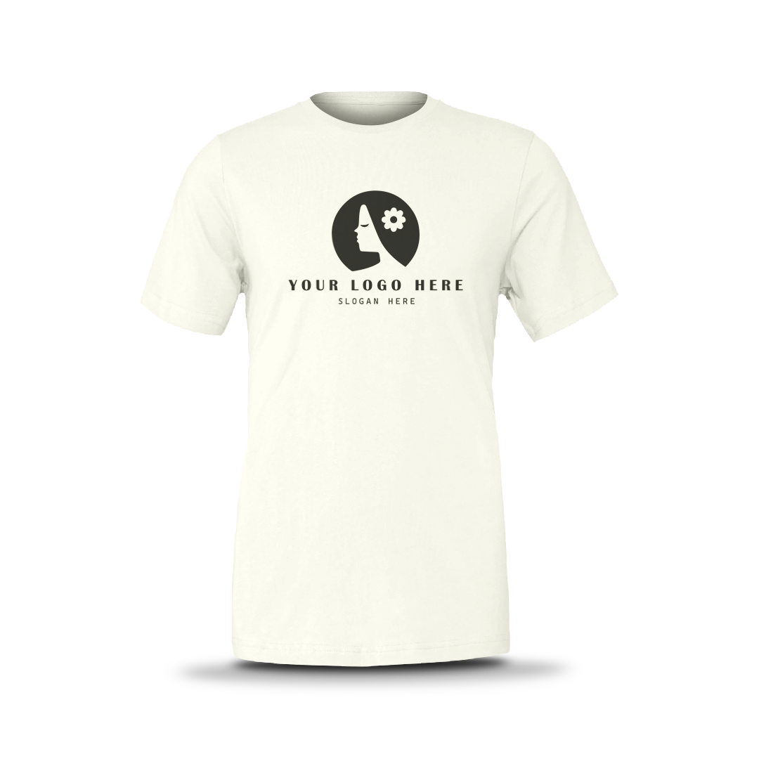 White slub unisex short-sleeve T-shirt with custom logo on front.