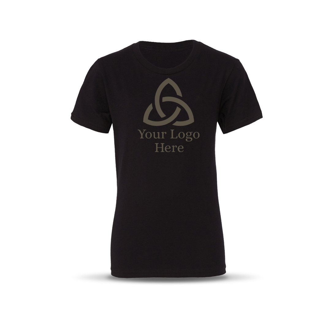 Black-colored short-sleeve unisex T-shirt featuring a centered geometric triquetra-style logo with the text 'Your Logo Here' below it.