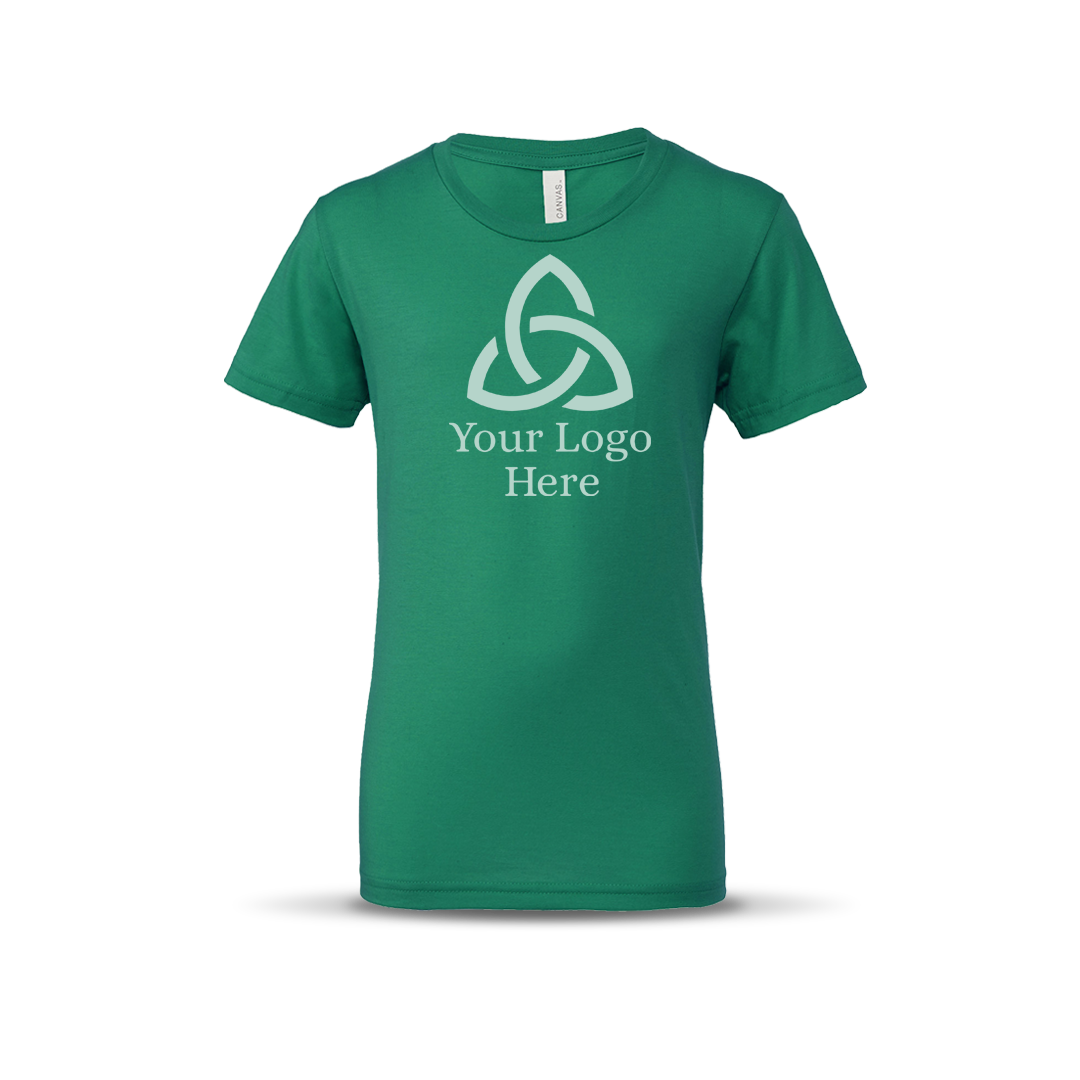 Kelly green-colored short-sleeve unisex T-shirt featuring a centered geometric triquetra-style logo with the text 'Your Logo Here' below it.