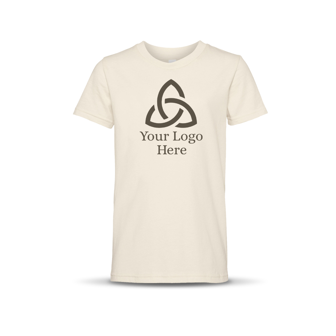 Natural-colored short-sleeve unisex T-shirt featuring a centered dark geometric triquetra-style logo with the text 'Your Logo Here' below it.